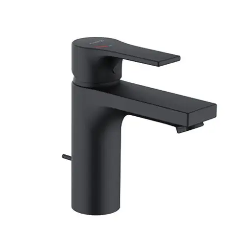 Schwarzmatte Waschtischarmatur von Kludi mit einem Hebel zum Regulieren von Wasserfluss und Temperatur sowie einer integrierten Ablaufgarnitur.